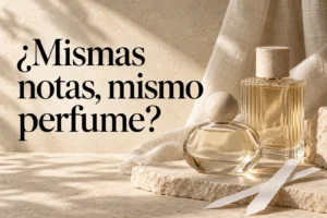 Dos frascos ilustrativos sobre piedra beige junto a tiras olfativas y el titular «¿Mismas notas, mismo perfume?».