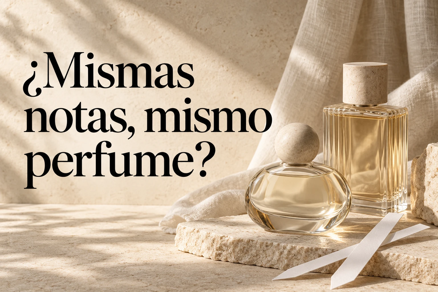 Dos frascos ilustrativos sobre piedra beige junto a tiras olfativas y el titular «¿Mismas notas, mismo perfume?».