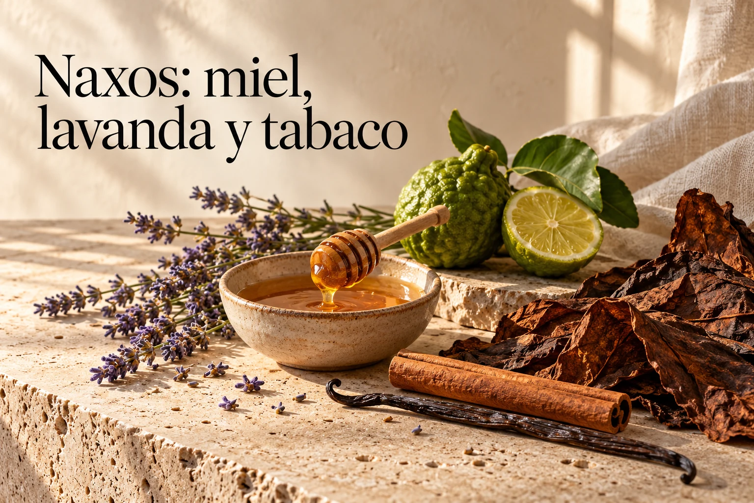 Miel, lavanda, bergamota, canela y hojas de tabaco sobre piedra beige y lino crema. Portada ilustrativa de las notas, generada con IA. No representa un producto real.
