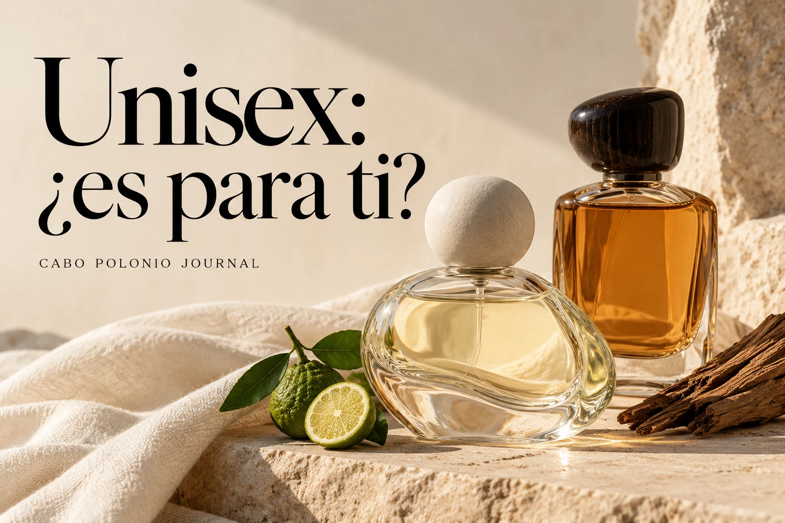 Dos frascos ilustrativos de perfume sobre piedra beige, con lino crema, un cítrico y madera, bajo el titular «Unisex: ¿es para ti?